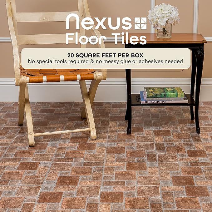 Nexus Self Adhesive 12-Inch Vinyl Floor Tiles, 20 Tiles - 12" x 12", Brick Pavers Pattern - Peel & Stick, DIY Flooring for Kitchen, Dining Room, Bedrooms & Bathrooms by Achim Home Decor