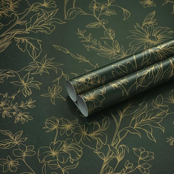Hopepak 17.3''x197'' Floral Peel and Stick Wallpaper Gold and Green Contact Paper Self Adhesive Removable Wall Paper for Bedroom Waterproof for Bathroom Cabinet
