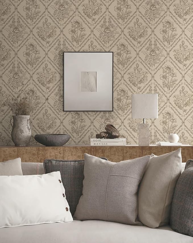 Toduso Vintage Peel and Stick Wallpaper Brown Floral Wallpaper for Kitchen Boho Neutral Contact Paper Removable Waterproof Self Adhesive Wall Paper for Bathroom Bedroom Drawer Decor Vinyl 17.3"x393.7"