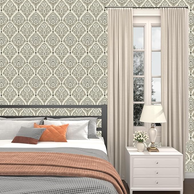 Vintage Khaki Floral Botanical Symmetrical Wallpaper 17.5" x 393" | Self Adhesive/Removable/Waterproof/Thick Vinyl Contact Paper for Bathroom Bedroom Shelf Cabinet Drawer,Prepasted,Easy Peel