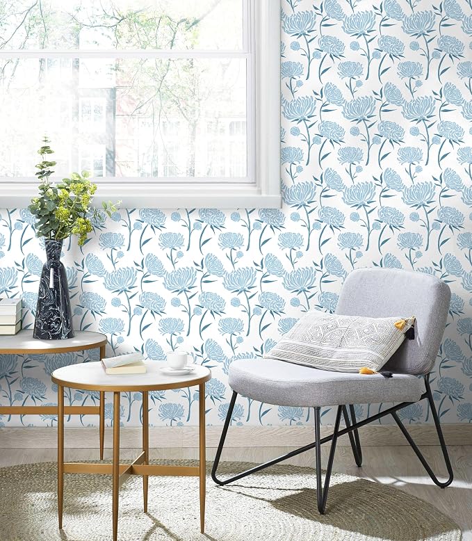 Hopepak Peel and Stick Wallpaper Floral Contact Paper Blue Floral Wallpapers Modern Self Adhesive Removable Vinyl Wallpaper for Living Room 17.3"x197"