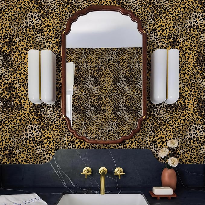 Black Gold Leopard Print Peel and Stick Wallpaper, 17.3" x 120" | Waterproof Removable Self Adhesive Wallpaper, Unique Funky Cheetah Contact Paper for Bedroom, Bathroom, Decor