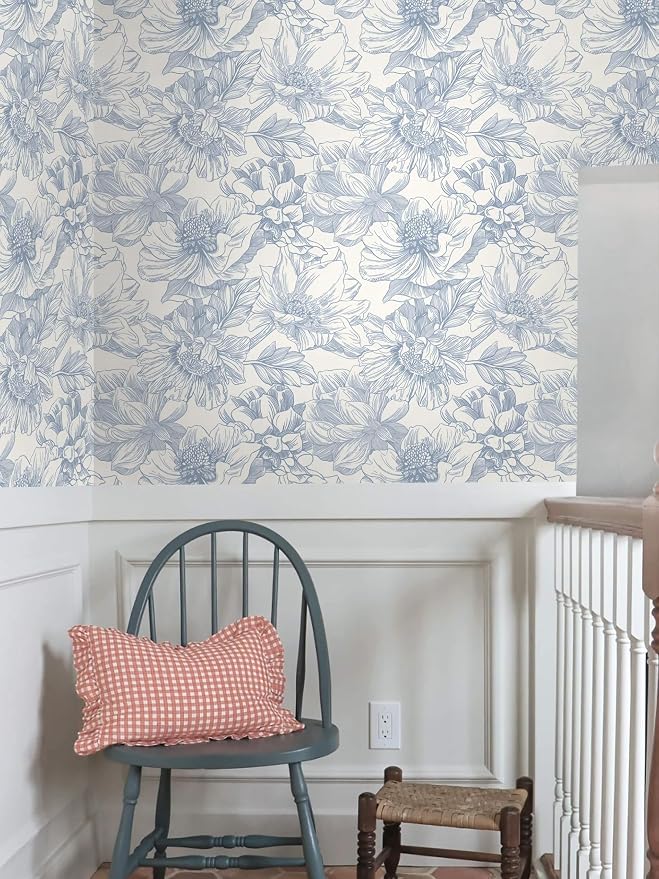 Ismoon Vintage Floral Wallpaper Peel and Stick Beige and Blue Contact Paper 17.3inx32.75ft Removable Self Adhesive Wall Paper for Bathroom Bedroom Cabinet Mural Wall Decor Vinyl Renter Friendly