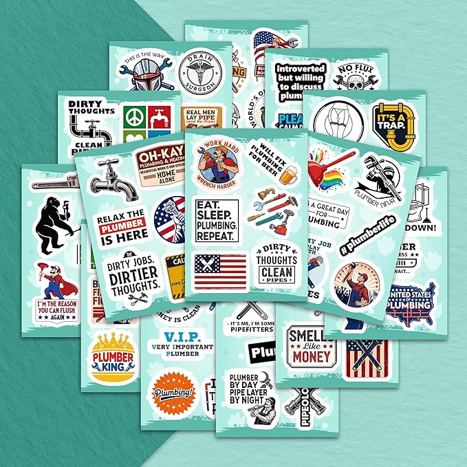 100Pcs Plumbing Stickers Hard Hat, Water Bottles, Laptop - Plumber Sticker - Plumber Gifts for Men - Funny Plumbing Gifts, Party Supplies & Decorations