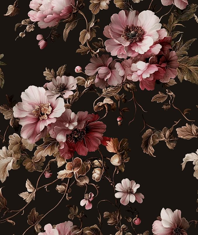 Dark Floral Brown Wallpaper Peel and Stick17.5 × 393", Black Pink | Self Adhesive/Removable/Waterproof/Thick Vinyl Contact Paper for Bathroom Bedroom Shelf Cabinet Drawer,Prepasted,Easy Peel
