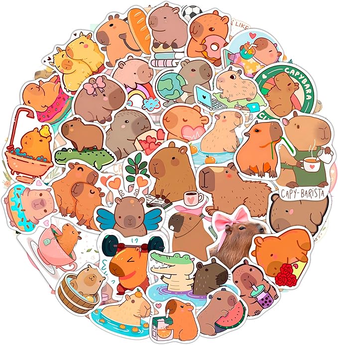 100Pcs Cute Capybara Stickers Waterproof, Vinyl, Small -Capybara Party Supplies & Decorations - Gift for Women & Men