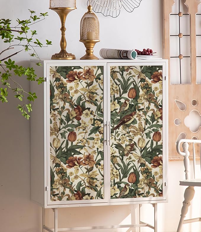 Erfoni 17.3" x118" Floral Birds Wallpaper Vintage Floral Peel and Stick Wallpaper Decoration DIY Self Adhesive Contact Paper Removable Wall Paper for Bedroom Cabinets Covering Boho Flower Leaf Beige