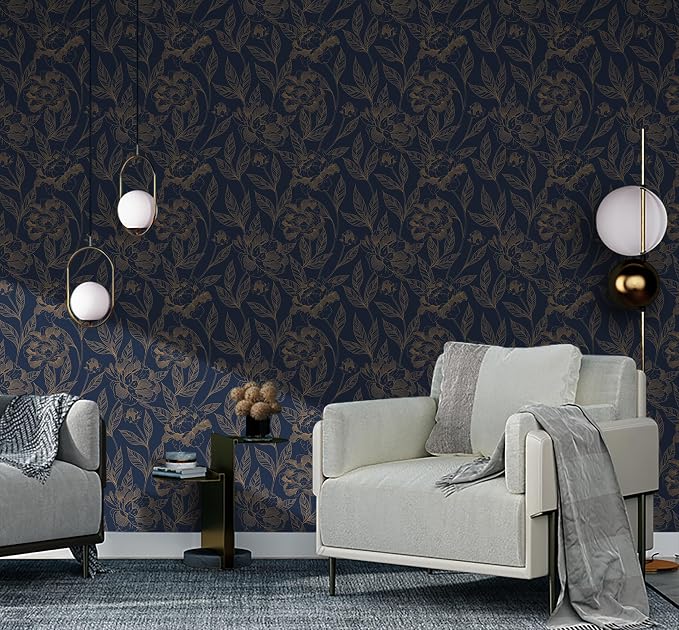 Timeet Peel and Stick Wallpaper Gold and Blue Floral Wall Paper for Bedroom Removable Self Adhesive Elegant Contact Paper Decor 17.7In × 197In