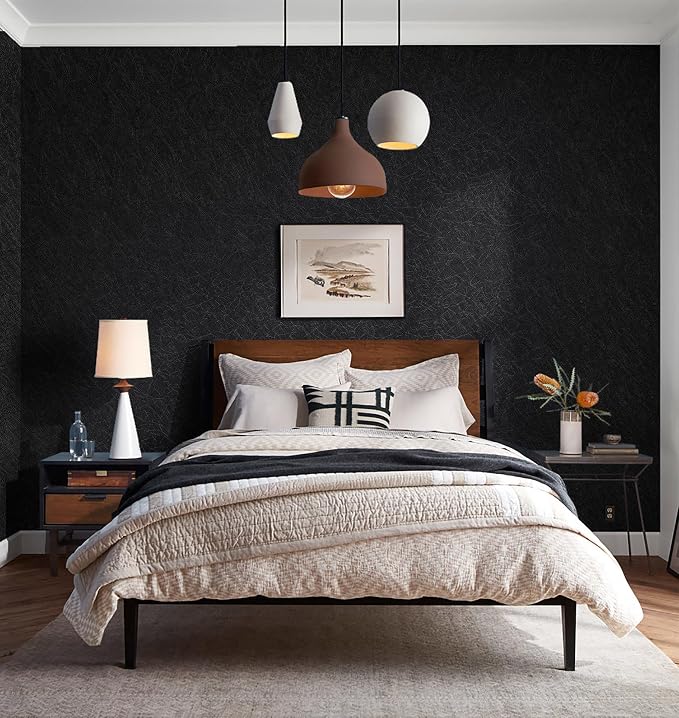 Safiyya 17.3 inch X 393 inch Peel and Stick Wallpaper Black Silk Textured Wallpaper Modern Solid Color Wall Paper Removable Contact Paper for Walls Vinyl Rolls