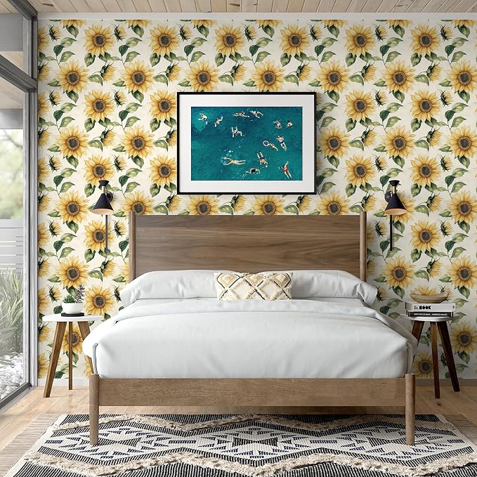 Yasinet Sunflower Peel and Stick Wallpaper Boho Floral Wallpaper Yellow Vintage Contact Paper for Bedroom Cabinets Farmhouse Waterproof Removable Self-adhesive Wall Paper for Wall Vinyl 17.3" x 393.7"