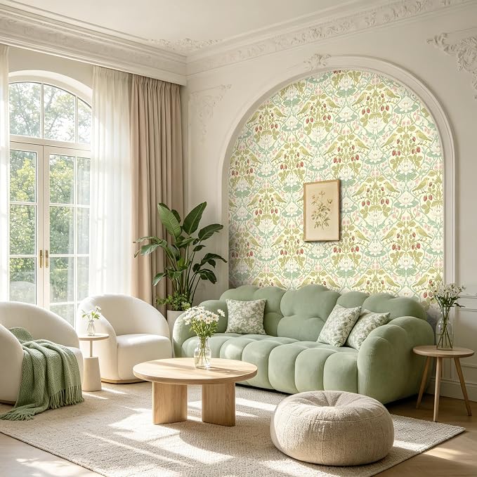 BOKEBEVE Bird Floral Wallpaper Peel Stick Beige Yellow Green 17.5 x 118In | Leaf Wall Paper Symmetry Contact Paper for Accent Walls Bedroom Removable Renter Friendly