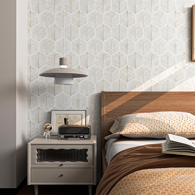 MelunMer Geometric Peel and Stick Wallpaper Boho Beige White 17.3''×591'' | Beige Modern Self Adhesive Removable Wallpaper for Bathroom Waterproof Cabinets Drawer, Decor Easy to Install Renter Friendly