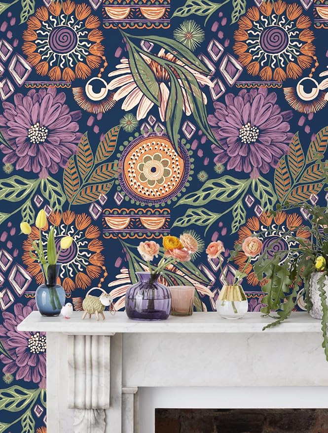 HAOKHOME Peel and Stick Wallpaper Boho Navy Purple Terracotta Retro Floral | Renter Friendly Removable Textured Vintage Moody Botanical Wall Paper for Bathroom Bedroom Accent Wall Decor 17.3in x 9.8ft