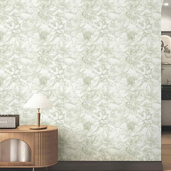 197"x17.3" Green Beige Floral Peel and Stick Wallpaper Vintage French Wallpaper Cottage Big Flower Contact Paper Removable Self Adhesive Wall Paper for Kitchen Bathroom Bedroom Vinyl Roll