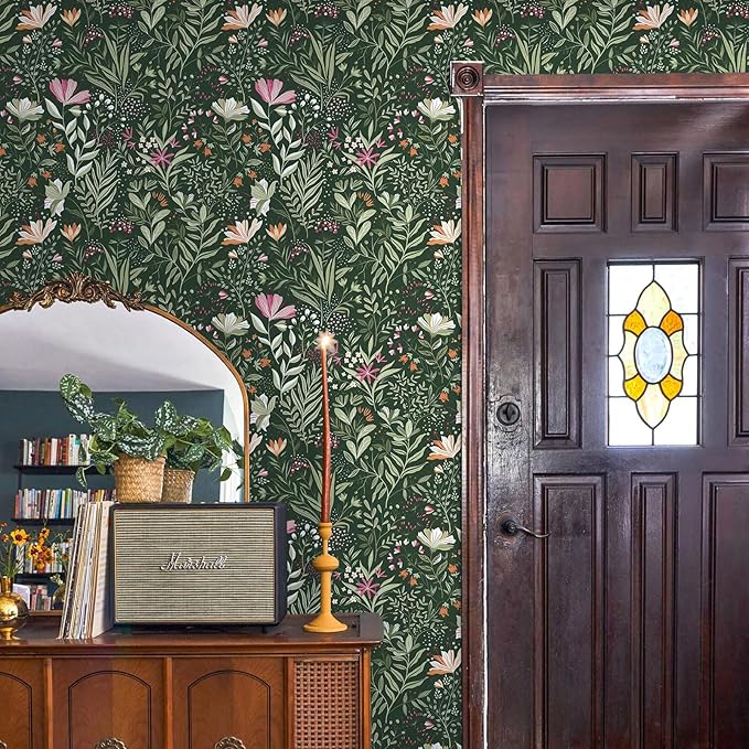 Fititem Green Floral Peel and Stick Wallpaper Boho Dark Vintage 17.3”×78.7” | Floral Self Adhesive Contact Paper Botanical Nature Removable Wildflower Wallpaper Waterproof Wallpaper for Bathroom Bedroom