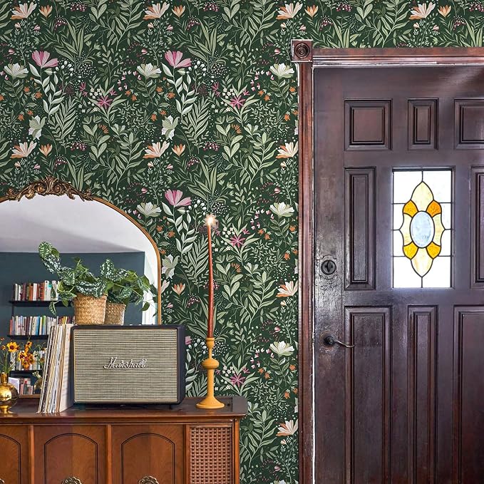 Fititem Green Floral Peel and Stick Wallpaper Boho Dark Vintage 17.3”×393” | Floral Self Adhesive Contact Paper Botanical Nature Removable Wildflower Wallpaper Waterproof Wallpaper for Bathroom Bedroom