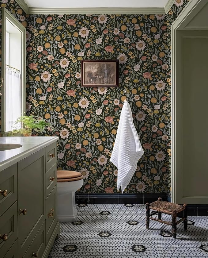 Dimoon Vintage Peel and Stick Wallpaper Boho Dark Floral Contact Paper 17.3''x394'' Retro Rustic Pink Removable Wall Paper Renter Friendly Texture Black Wallpaper for Bedroom Bathroom Cabinets Vinyl