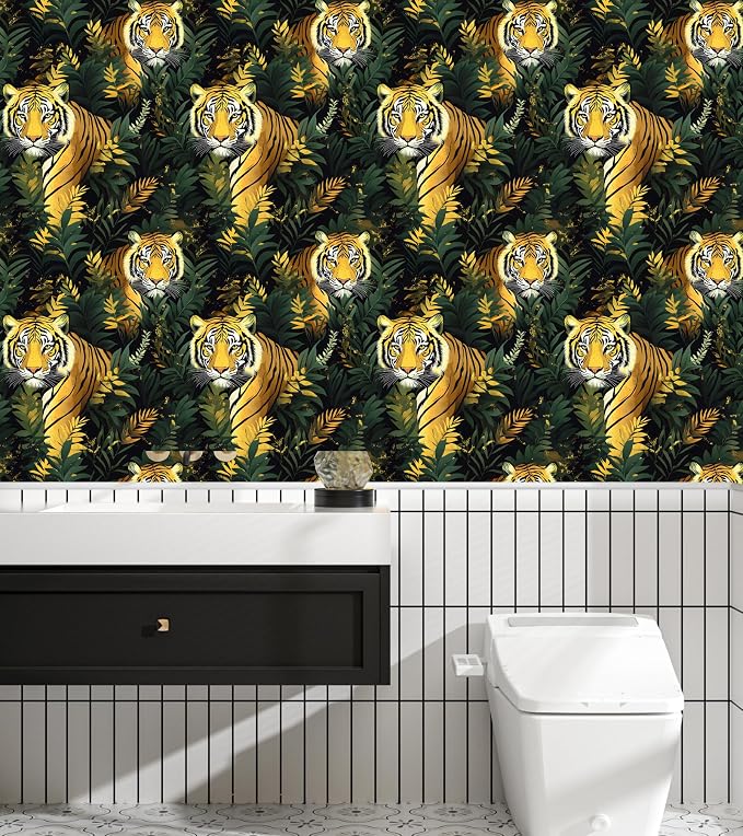 Gold Vintage Tiger Peel and Stick Wallpaper 17.5" x 118" | Waterproof Vinyl Self Adhesive Removable Renter Friendly Floral Contact Paper