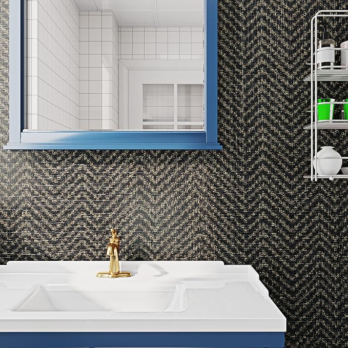 FunStick 24"x200" Black and Gold Peel and Stick Wallpaper Removable Geometric Grasscloth Wallpaper Fabric Grass Cloth Black Contact Paper Self Adhesive Wallpapers for Bedroom Cabinets Drawers Shelves
