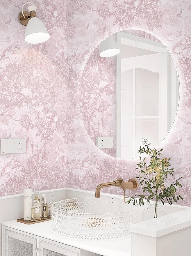 17.3" X 196.8" Peel and Stick Wallpaper Pink White Modern Toile Floral Wallpaper Renter Friendly Waterproof Removable Self Adhesive Wall Paper Bedroom Livingroom Cabinets Vinyl