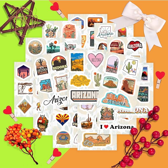 BulbaCraft 100Pcs Arizona Stickers for Water Bottle and Laptop - Arizona Party Supplies & Decorations, Waterproof Vinyl Decals, State Pride and Icon Stickers, Gifts for Women & Men