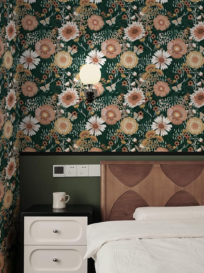 Boho Retro Dark Green Wallpaper Peel and Stick Wallpaper Vintage Floral Contact Paper 17.3''x362'' Bohemian Removable Wall Paper Renter Friendly Waterproof Wall Mural Bedroom Bathroom Vinyl