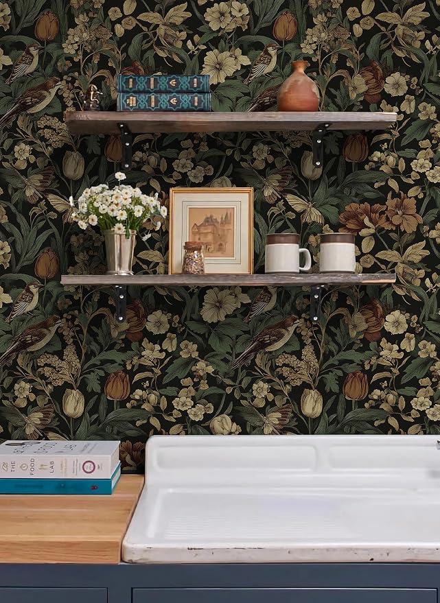 Erfoni 17.3" x197" Retro Floral and Bird Contact Paper Vintage Peel and Stick Wallpaper for Bedroom Decorative Self Adhesive Wall Paper Boho Floral Leaf Removable Wallpaper for Accent Wall Covering