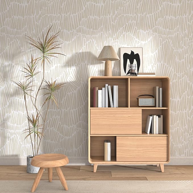 Theper Beige Peel and Stick Wallpaper Boho Contact Paper 17.3"×118" | Striped Modern Wallpaper Removable Self Adhesive Wall Paper for Bedroom Waterproof White and Gold Wallpapers Vinyl