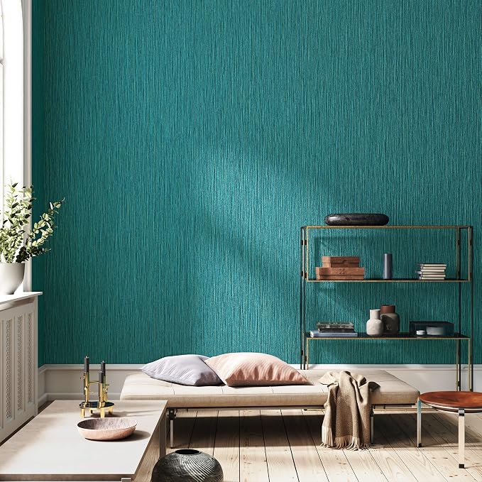 Haimin Grasscloth Wallpaper Textured 24in X 393in Fabric Contact Paper Teal Green Wall Paper Textured Linen Wallpaper Peel and Stick Self-Adhesive Teal Thick Vinyl Embossed Film (Green)