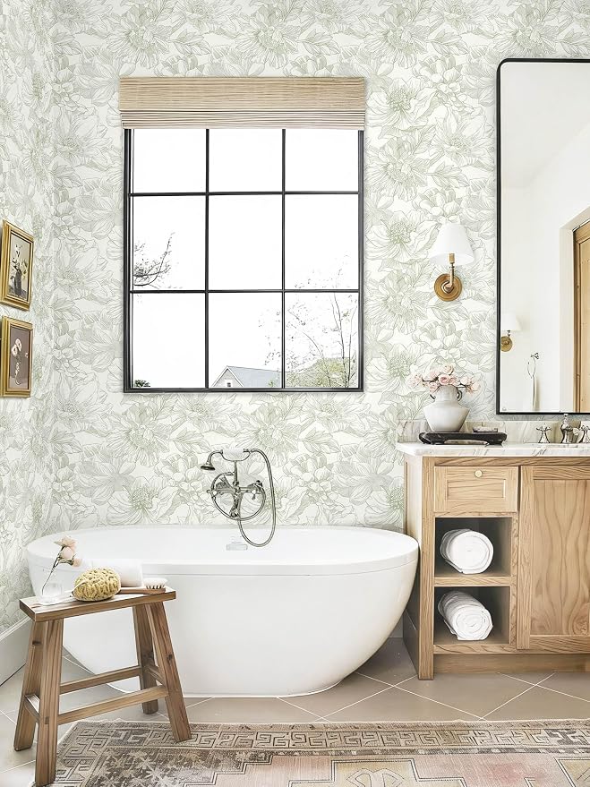 197"x17.3" Green Beige Floral Peel and Stick Wallpaper Vintage French Wallpaper Cottage Big Flower Contact Paper Removable Self Adhesive Wall Paper for Kitchen Bathroom Bedroom Vinyl Roll