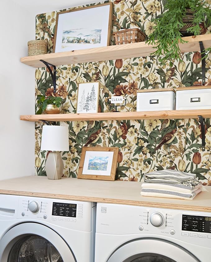Erfoni 17.3" x 394" Birds Floral Peel and Stick Wallpaper Vintage Contact Paper for Livingroom Boho Floral and Leaf Self Adhesive Wall Paper Retro DIY Removable Wallpaper Vinyl Roll Beige