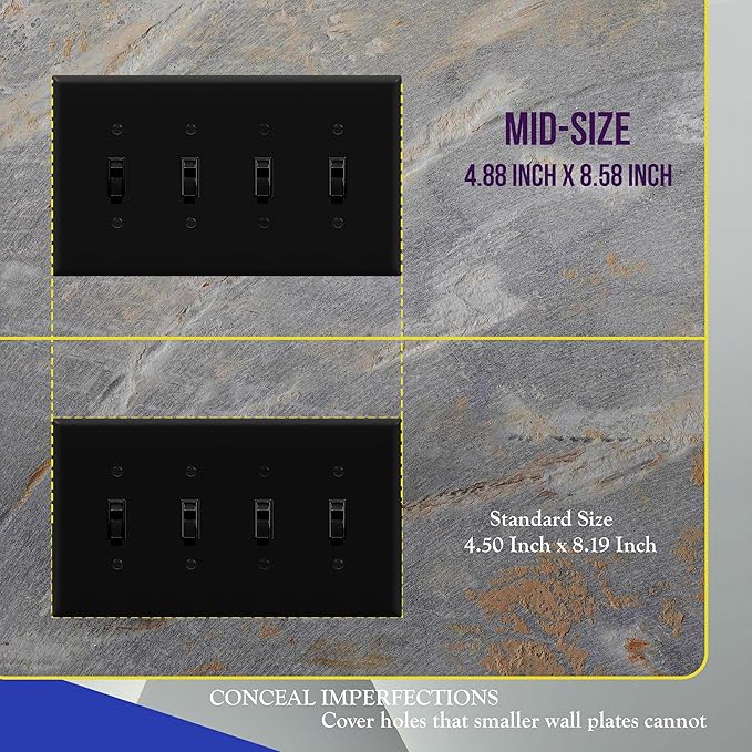 ENERLITES Quad Light Switch Wall Plate, Four Gang Toggle Switch Plate, 4-Gang Mid-Size 4.88" x 8.58", Unbreakable Polycarbonate Thermoplastic, 8814M-BK-2PCS, Black (2 Pack)