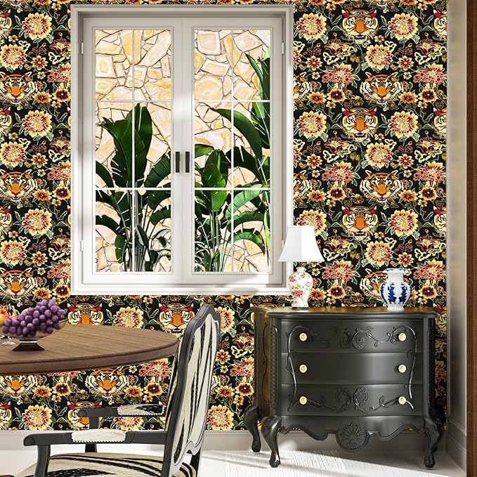 Yellow Gold Vintage Tiger Peel and Stick Wallpaper 17.5" x 118" | Waterproof Vinyl Self Adhesive Removable Renter Friendly Floral Contact Paper
