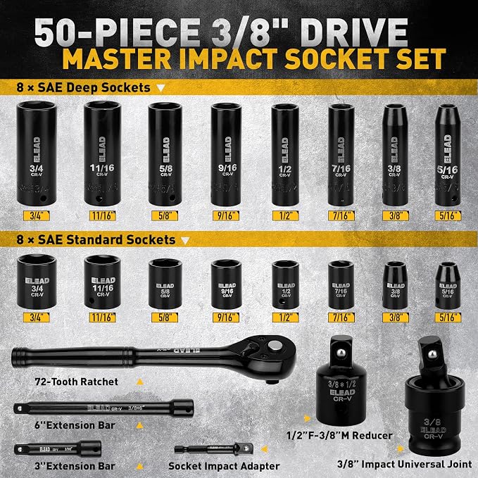 3/8" Drive Impact Socket Set - 50-Piece SAE (5/16" to 3/4") & Metric (8-22mm) Socket Wrench Set, 6-Point CR-V Steel Deep & Shallow Sockets with Ratchet Handle, Universal Joint, Extension Bar, Adapter