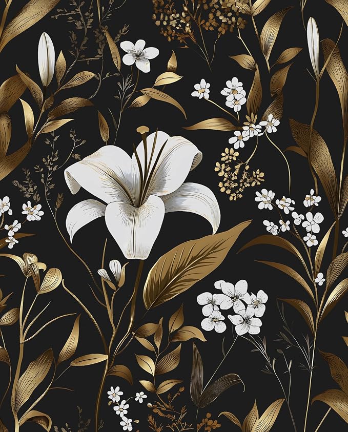 Vintage Dark Black Golden Floral Peel and Stick Wallpaper 17.5"x787" | Self Adhesive/Removable/Waterproof/Thick Vinyl Extra Long Contact Paper for Bathroom Bedroom Shelf Cabinet Drawer,Prepasted
