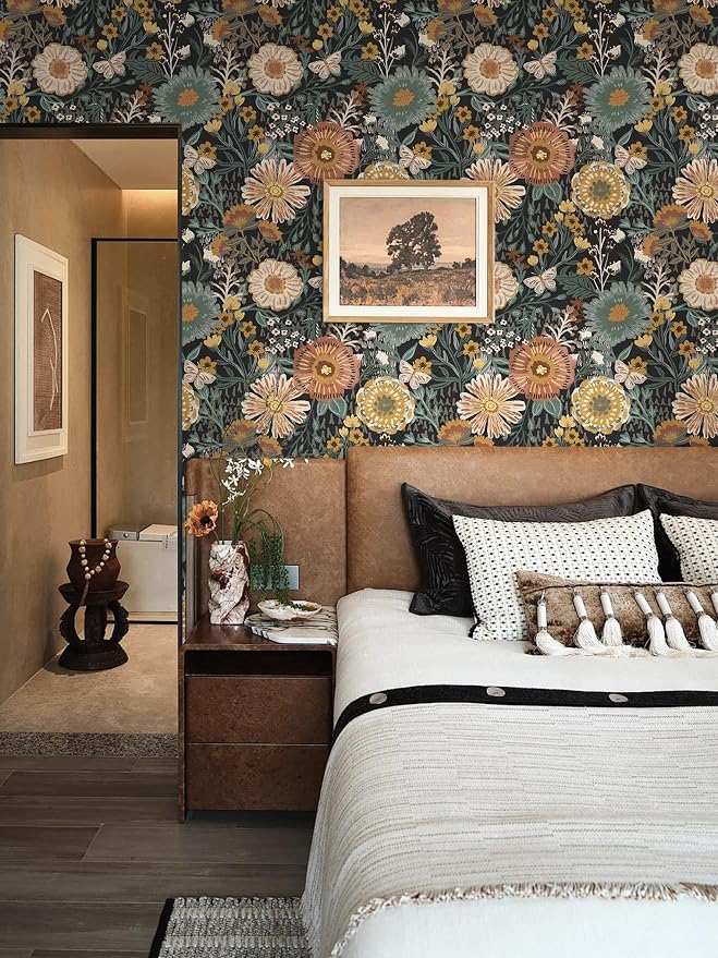 Dimoon Boho Retro Wallpaper Peel and Stick Wallpaper Vintage Floral Contact Paper 17.3''x393'' Dark Black Bohemian Removable Wall Paper Renter Friendly Waterproof Wall Mural Bedroom Bathroom Vinyl