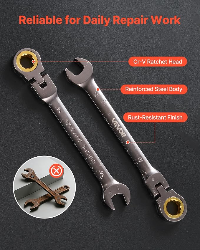 VEVOR Flex-Head Ratcheting Wrench Set, 12-Piece Metric 8 mm to 19 mm, 72 Teeth, Cr-V Steel Ratchet Flexible Combination Wrench Set with Roll Up Pouch, for General Household and Automotive Repairs