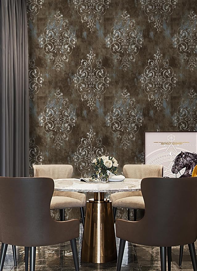 HAOKHOME Vintage Peel and Stick Wallpaper Damask Brown/Beige/Teal Vinyl Stick on Wall Paper for Bathroom Bedroom Home Decor 17.7in x 9.8ft
