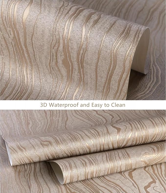 Gold Khaki Wood Peel and Stick Wallpaper Stripe, 20.8" x 118" (53cm x300cm), Removable, Self-Adhesive, 3D, Modern, Rustic, Industrial, Bathroom, Bedroom, Decorating