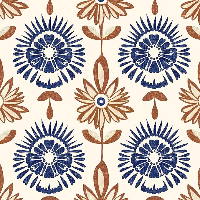 BOKEBEVE Boho Floral Peel and Stick Wallpaper Beige Brown 17.5 x 393.5In | Extra Long Symmetry Contact Paper Modern Wall Paper for Bedroom Accent Walls Laundry Nursery Pantry Renter Friendly Removable