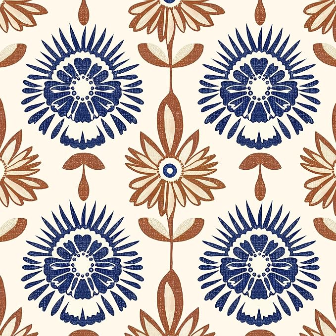 BOKEBEVE Boho Floral Peel and Stick Wallpaper Beige Brown 17.5 x 118In | Symmetry Contact Paper Modern Wall Paper for Bedroom Accent Walls Laundry Nursery Pantry Renter Friendly Removable