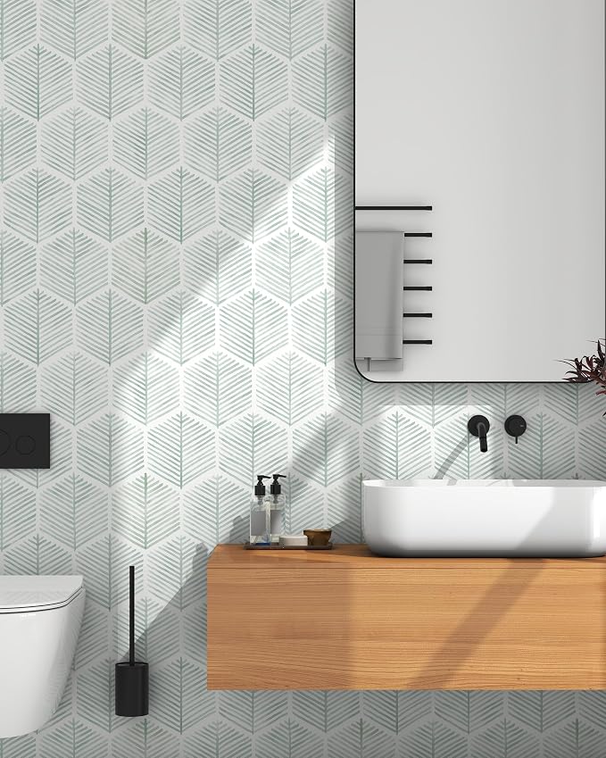 Modern Peel and Stick Wallpaper 17.3''×393'' Geometric Wallpaper Boho Contact Paper Green and White Self-Adhesive Wall Paper Removable Decorative Wallpapers for Bedroom Bathroom Cabinets Decor Vinyl