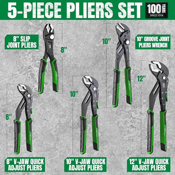 SK 5-Piece Pliers Set, Premium CR-V Steel, with EVA Foam Tool Organizer | 8" Adjustable Slip Joint Pliers, 8", 10" and 12" Quick Adjust V-Jaw Water Pump Pliers, 10" Smooth Parallel Jaw Pliers Wrench