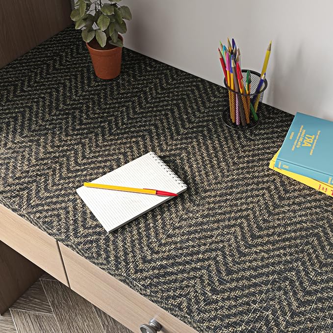 FunStick 24"x200" Black and Gold Peel and Stick Wallpaper Removable Geometric Grasscloth Wallpaper Fabric Grass Cloth Black Contact Paper Self Adhesive Wallpapers for Bedroom Cabinets Drawers Shelves