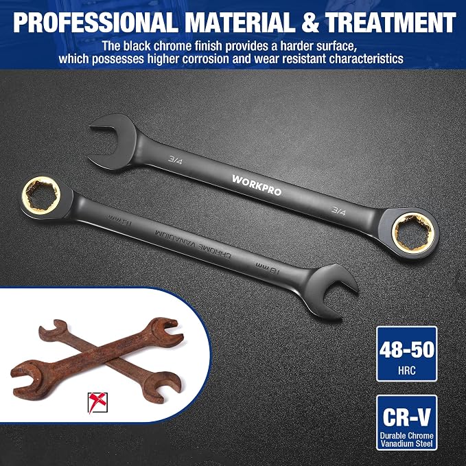WORKPRO 22-Piece Ratcheting Wrench Set, Metric 6-18mm & SAE 1/4-3/4" | Anti-slip Teeth, Organizer Box, for Home Project, Machinery