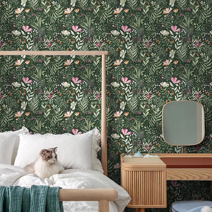 Fititem Green Floral Peel and Stick Wallpaper Boho Dark Vintage 17.3”×78.7” | Floral Self Adhesive Contact Paper Botanical Nature Removable Wildflower Wallpaper Waterproof Wallpaper for Bathroom Bedroom