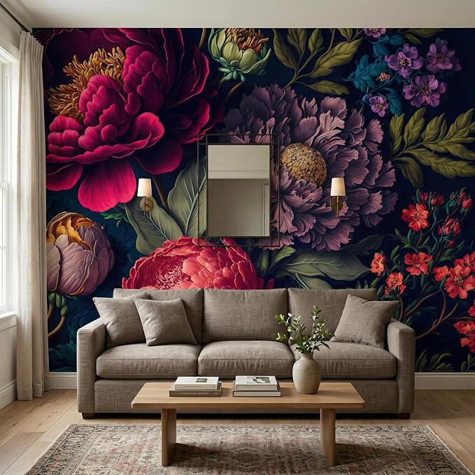 MFWFM Floral Peel and Stick Mural Wallpaper Dark Peony Botanical Wall Mural | 157"x110", for Bedroom Living Room Bathroom, Self Adhesive Canvas