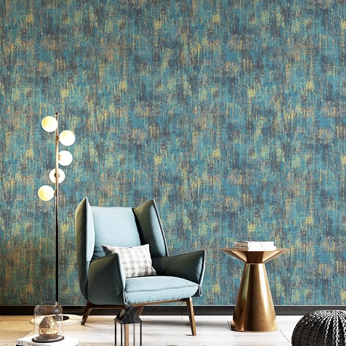 JiffDiff Vintage Metallic Peel and Stick Wallpaper Industrial Metallic Concrete Wall Paper Modern Stick on Wallpaper Self Adhesive Contact Paper(17.3" x 400" Blue Gold)