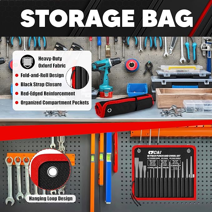 C&T 16-Piece Punch and Chisel Set with Storage Pouch, Including Taper Punch, Cold Chisels, Pin, Center Punch, Chrome Vanadium Steel