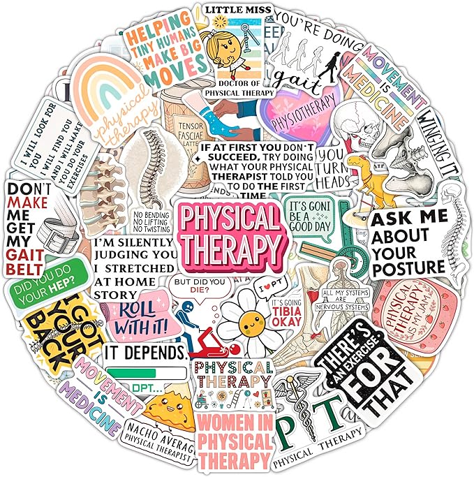 100Pcs Physical Therapy Stickers and Decals for Water Bottle, Laptop - Physical Therapist Gifts & Party Decorations - Medical, Occupational Therapy Stickers- Gift for Women & Men